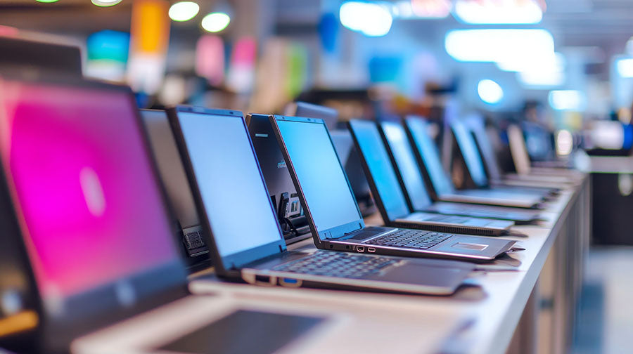 Gaming laptops on display showing high-performance visuals at PayMore Santa Clarita