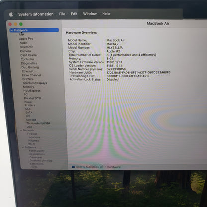 2022 Apple MacBook Air 13.6" M2 8C GPU 3.5GHz 8GB RAM 256GB SSD A2681