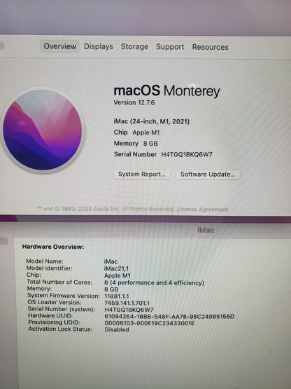 2021 Apple iMac 24" M1 3.2GHz 8GB RAM 256GB SSD Blue MJV93LL/A