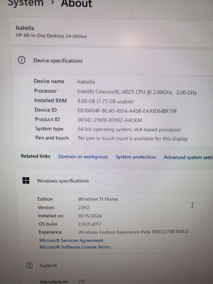 HP AIO 24-cb0010 27" Celeron J4025 2.00GHz 8GB RAM