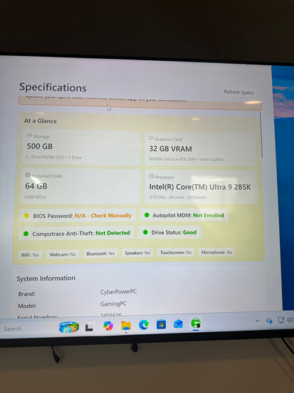 CyberPower Core Ultra 9 285K 3.70GHz 64GB 512GB SSD Gigabyte GeForce RTX 5090