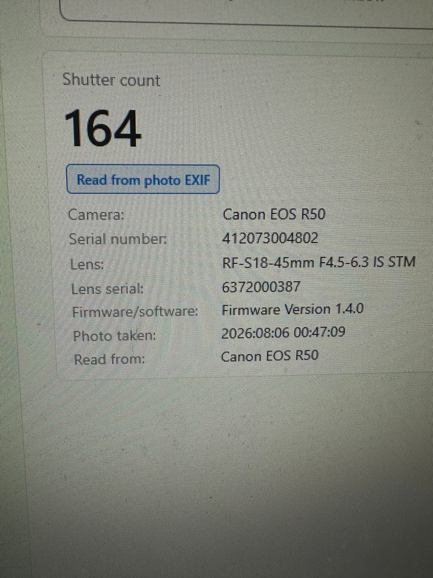 Canon EOS R50 24.2MP Mirrorless Camera 164 Shutter Count
