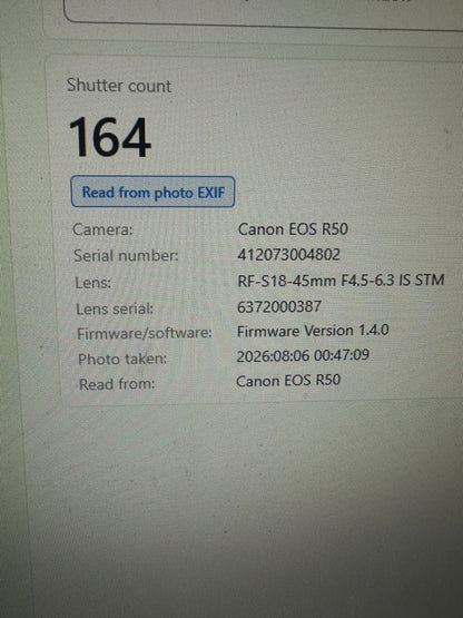 Canon EOS R50 24.2MP Mirrorless Camera 164 Shutter Count