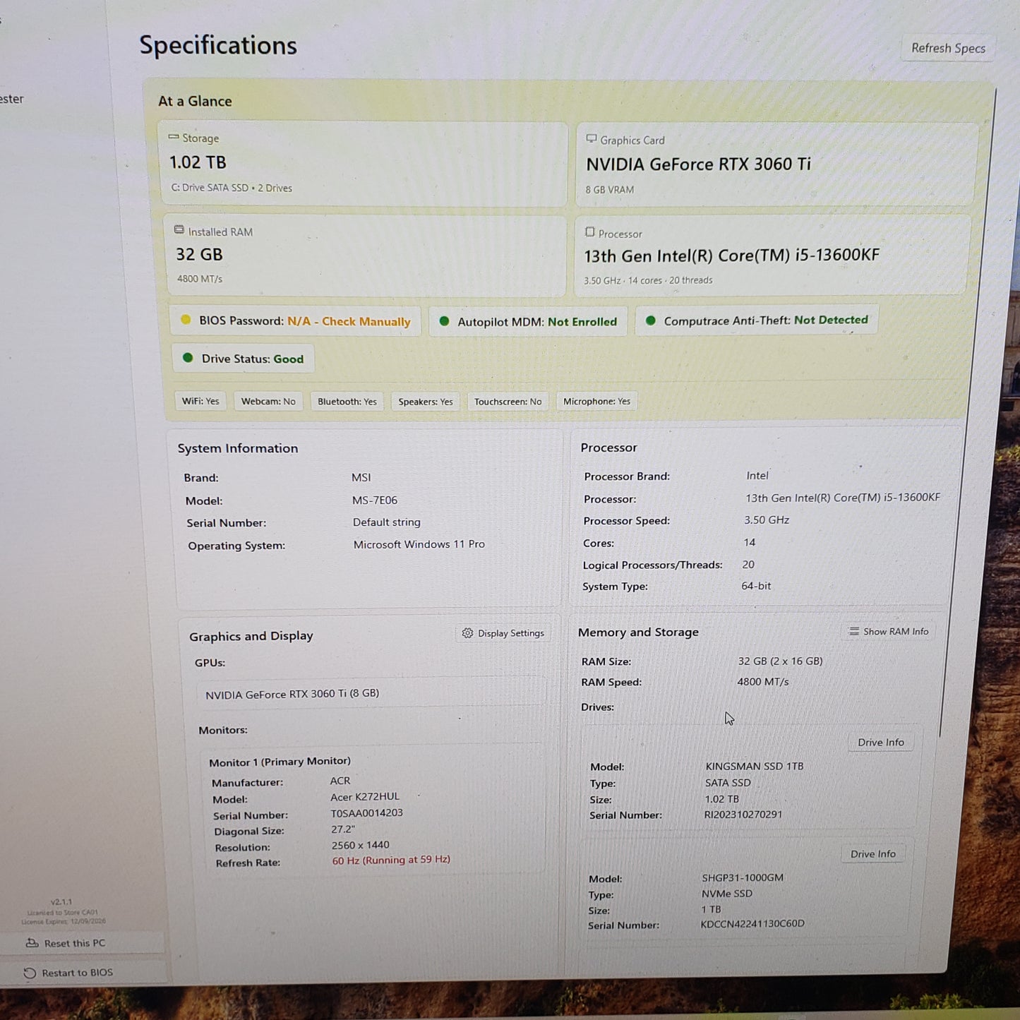 Corsair Custom PC i5-13600KF 3.50GHz 32GBRAM 1TB SSD EVGA GeForce RTX 3060 Ti